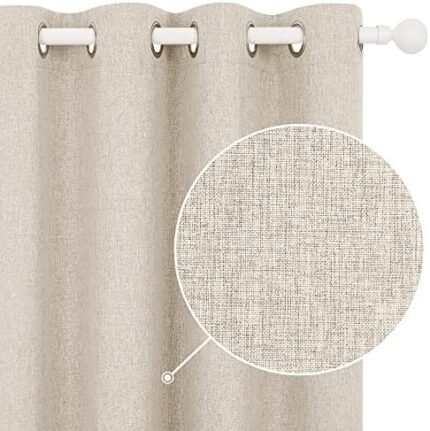 Deconovo 100% Blackout Curtains for Bedroom, Light Khaki, 52" W x 96" L, 1 Pair, Grommet Faux Linen Room Darkening Thermal Curtains, Noise Reducing Drapes for Sliding Glass Door