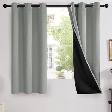 Deconovo 100% Blackout Curtains with Black Liners, Thermal Insulated Full Blackout 2-Layer Lined Drapes, Energy Saving Window Draperies for Bedroom (Grey, 2 Panels, 42 Wide by 63 Long)