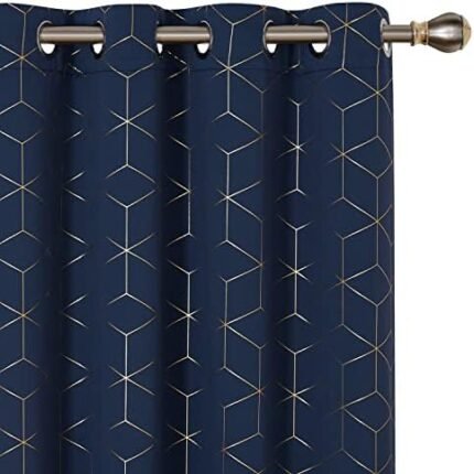 Deconovo Blackout Curtains Gold Diamond Foil Print Room Curtains 52W x 84L Inch, Thermal Insulated Noise Reducing Window Grommet Drapes Living Room Navy Blue 2 Panels