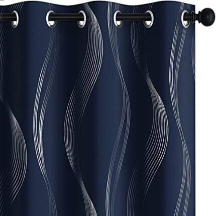 Deconovo Thermal Insulated Blackout Curtains for Bedroom, with Silver Print Wave Striped Pattern- Black Out Light Blocking Panels - Navy Blue, 52W x 84L inch, 2 Panels