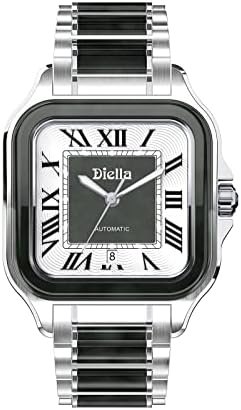 Diella Rectangle Mens Wrist Watch, Automatic Self Winding Watches for Men with Jade & Stainless Steel Watch, Roman Numerals Analog Watch with Date, Waterproof