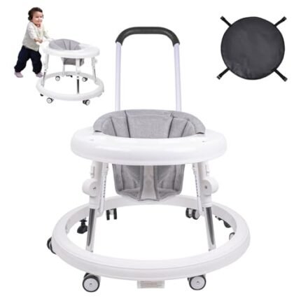 Double Push Handle Baby Walker, Foldable 9-Gear Height Adjustable Baby Walker with Wheels, Infant Toddler Walker with Foot Pads, Baby Walkers and Activity Center for Boys and Girls 6-24 Months…