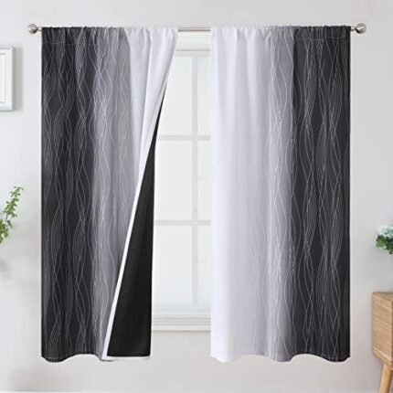 Estelar Textiler Black and Greyish White Ombre Blackout Curtains 63 Inch Length, Thermal Insulated Curtains for Kids Bedroom, Rod Pocket Room Darkening Gradient Drapes for Living Room,42Wx63L,2 Panels