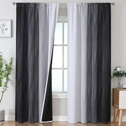 Estelar Textiler Black and White Blackout Curtains for Bedroom, Light Blocking Two Tone Gradient Drapes with Wave Line Pattern, Room Darkening Rod Pocket Ombre Curtains for Boys Room,52Wx84L,2 Panels