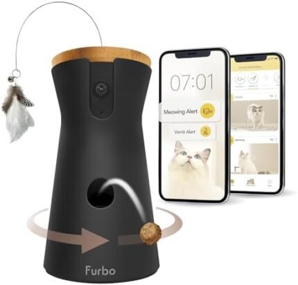 Furbo 360° Rotating Cat Camera Treat Dispenser w/Subscription Required: Home Emergency Alerts w/Phone App | 2-Way Audio, Cat Tracking, Color Night Vision Kitty Camera [Premium Safety Package 2023]