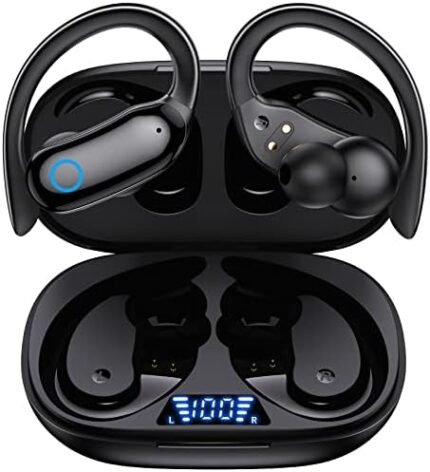 GNMN Bluetooth Headphones Wireless Earbuds 80hrs Playback IPX7 Waterproof Ear Buds Over-Ear Stereo Bass Earphones with Earhooks Microphone LED Battery Display for Sports/Workout/Gym/Running Black