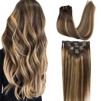 GOO GOO Clip-in Hair Extensions for Women, Soft & Natural, Handmade Real Human Hair Extensions, Chocolate Brown to Caramel Blonde, Long, Straight #(4/27)/4, 7pcs 120g 18 inches