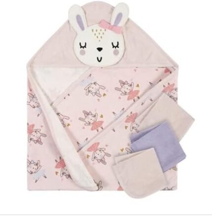 Gerber Baby Girl Hooded Towel and 3 Washcloths Set - Ballerina Bunny - Purple and Pink - Cotton