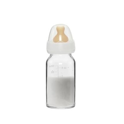 HEVEA Standard Neck Glass Baby Bottles - Natural Rubber Slow Flow Nipples - Anti Colic Baby Bottles for Breastfeeding Babies - Newborn 0+ Months - BPA-Free, Single-Pack (4 Oz)