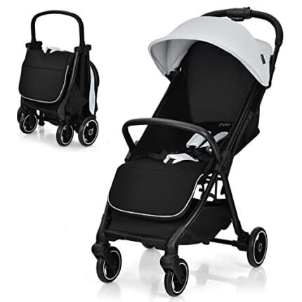 HONEY JOY Lightweight Baby Stroller, Compact Travel Stroller for Airplane, Fits Airplane Cabin & Overhead, One-Hand Gravity Fold, Self-Standing Toddler Stroller w/Adjustable Backrest/Canopy(Gray)