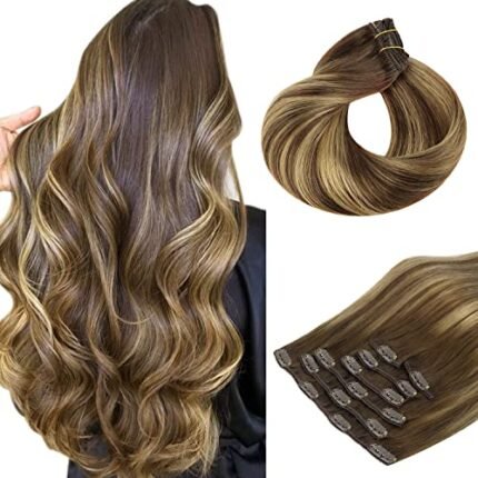 HOTBANANA Human Hair Clip in Hair Extensions, Balayage Chocolate Brown Mixed Caramel Blonde 120g Clip in Hair Extensions Real Human Hair Straight Remy Hair Clip Ins Dark Roots Ombre 18 Inch 7pcs