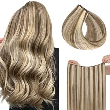 HOTBANANA Wire Hair Extensions, 20 inch 110g Ash Brown Highlighted Golden Blonde Fish Line Hair Extensions Real Human Hair Straight Invisible Wire Hair Extensions Remy Hair Extensions