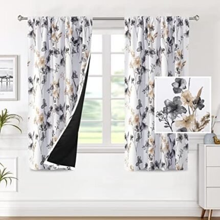 H.VERSAILTEX 100% Blackout Curtains for Bedroom Cattleya Floral Printed Drapes 63 Inches Long Leah Floral Pattern Full Light Blocking Drapes with Black Liner Rod Pocket 2 Panels, Grey/Taupe