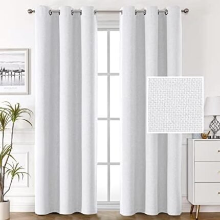 H.VERSAILTEX 100% Blackout Faux Linen Curtains Thermal Insulated Curtains for Living Room Textured Burlap Drapes for Bedroom Grommet Linen Noise Blocking Curtains 42 x 84 Inch, 2 Panels - White