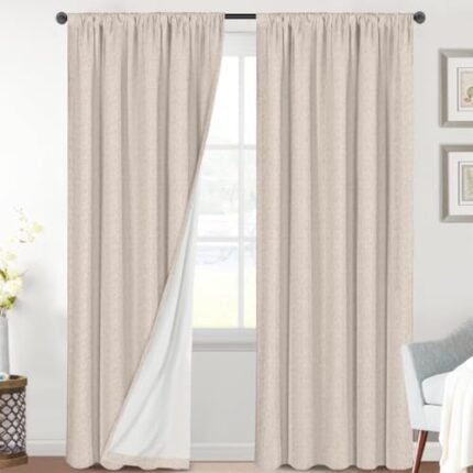 H.VERSAILTEX Linen Look 100% Blackout Curtains 84 Inches Long for Bedroom Full Light Blocking Rod Pocket Linen Textured Thick Window Curtain Drapes with White Backing, Natural, 2 Panels