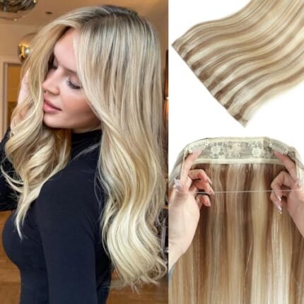 Hair Extensions Real Human Hair Invisible Wire Hair Extensions with Transparent Elastic Wire Adjustable Size Removable Secure Clips Hairpiece for Women(12 inch Golden Brown/Bleach Blonde)