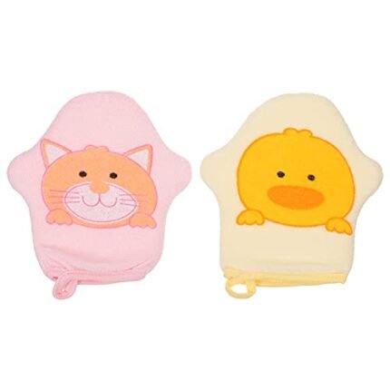 Healifty Baby Bath Mitt Washcloths Gloves Cute Animal Duck Cat Bath Sponge Shower Bathing Mitt Loofah Soft Body Scrub for Toddler Kids Shower 2Pcs