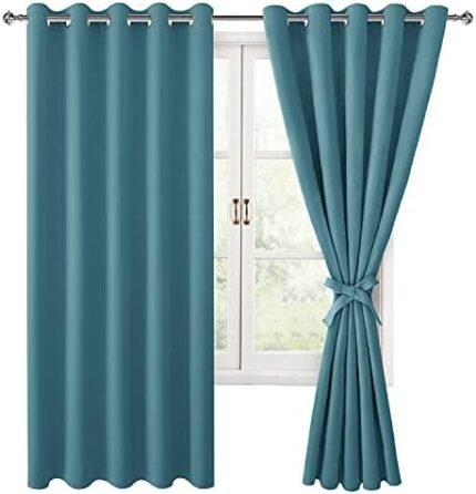 Hiasan Blackout Curtains for Bedroom, 60 x 63 Inches Length - Thermal Insulated & Light Blocking Window Curtains for Living Room, 2 Drape Panels Sewn with Tiebacks, Turquoise