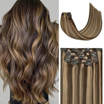 Honsoo Clip In Hair Extensions Real Human Hair Chocolate Brown To Caramel Blonde 12in 70g 7pcs Soft Hair