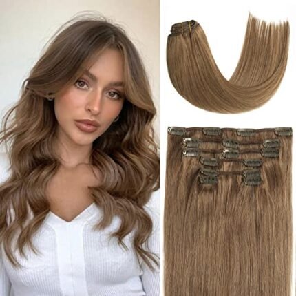 Honsoo Hair Extensions Clip in Human Hair Extensions, Ash Brown Clip In Human Remy Hair Extensions 70g 7pcs 12Inch Silky Straight Brown Natural Human Hair