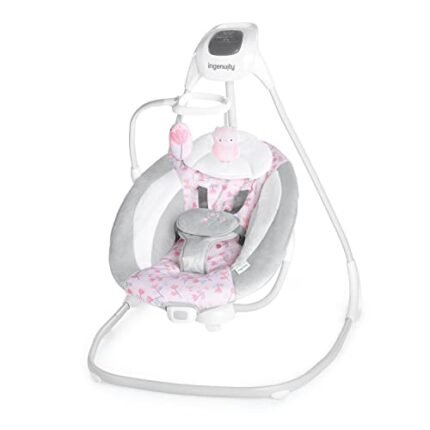 Ingenuity SimpleComfort Lightweight Compact 6-Speed Multi-Direction Baby Swing, Vibrations & Nature Sounds, 0-9 Months 6-20 lbs (Pink Cassidy)