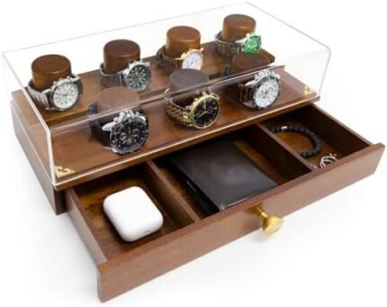 Iswabard Watch Display Case Watch Box for Men Gift for Men Watch Holder Watch Organizer Two-Tier Watch Display Stand with Drawer Easy Access Watch Collection Watch Storage Watch Holder for Men