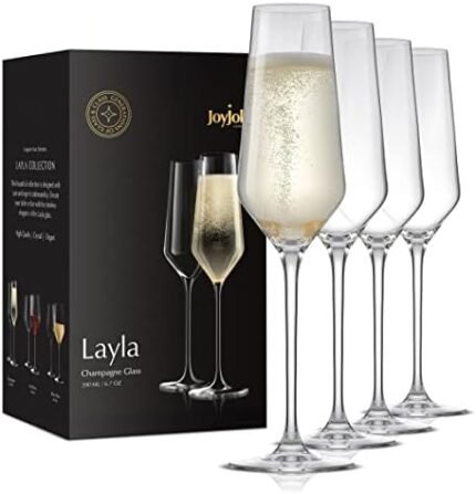 JoyJolt Champagne Flutes – Layla Collection Crystal Champagne Glasses Set of 4 – 6.7 Ounce Capacity – Ideal for Home Bar, Special Occasions – Made in Europe