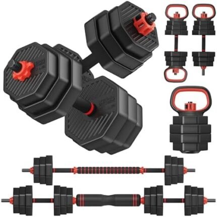 KeppiFitness Adjustable Dumbbell Set, 30/50/70/90 lb Free Weight Set with Connector Bar, 4 in 1 Workout Gear with Dumbbell, Kettlebell, Barbell, Push up Handle for Home Gym Fitness Exercise