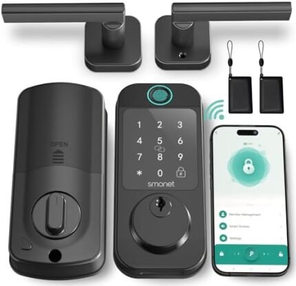 Keyless Door Lock with Handle Set - SMONET WiFi Fingerprint Smart Locks for Front Door, App Remote Control, Digital Bluetooth Keypad Deadbolt Lock Set with Alexa, Auto Lock, Code, Fobs for Home Black