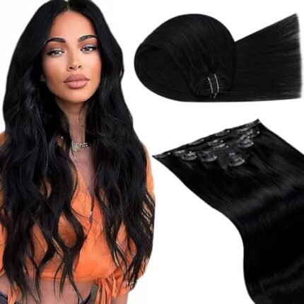 LaaVoo Clip in Hair Extensions Real Human Hair Black Clip in Extensions Human Hair Jet Black Clip in Hair Extensions Black Women Full Head 16 inch 7Pcs 120gram