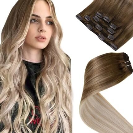 LaaVoo Clip in Hair Extensions Real Human Hair Ombre Light Brown to Ash Blonde Mix Platinum Blonde Balayage Clip in Hair Extensions Ombre Human Hair Clip in Extensions For Women 16 Inch 5Pcs/80g