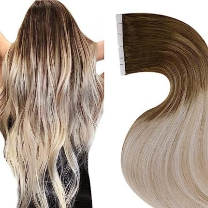 LaaVoo Tape in Hair Extensions Human Hair Ombre Light Brown to Ash Blonde Mix Platinum Blonde Balayage Hair Extensions Tape in Real Human Hair 16 inch Tape in Extensions Straight Thick Ends 20pcs/50g