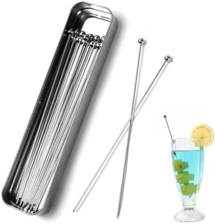 Lexenic 8" Metal Cocktail Picks 15Pack+Storage Box Kit,Premium 304 Stainless Steel Reusable Appetizer Skewers Set for Sandwiches, BBQ Snacks, Cocktails. (8 inch)