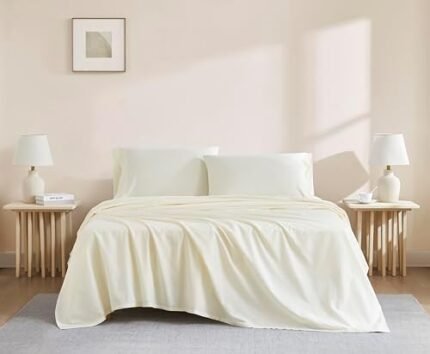 Linen Closet Luxury Cotton 144 Thread Count Organic Cotton 4-Piece Sheet Set, Queen, Fresh Ivory