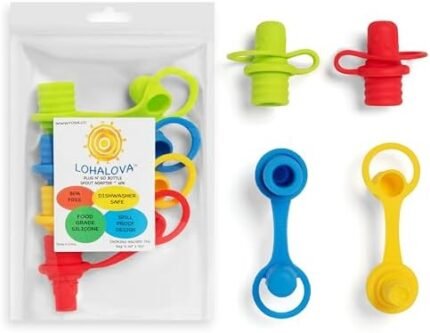 Lohalova Spill-Proof Water Bottle Spout Adapter for Kids - Water Bottle Adapter Toddlers and Adults - BPA Free Water Bottle Tops - Compact Silicone Sippy Cup Lids - 4 Pack Red Blue Green Yellow