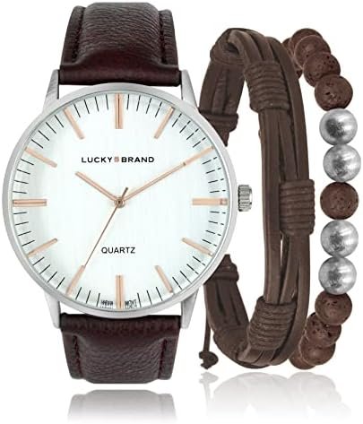 Lucky Brand Mens Watches Analog Minimalist Wrist Watch Stainless Steel with Leather Strap Quartz Movement Assorted Men's Bracelet Gift Box Set