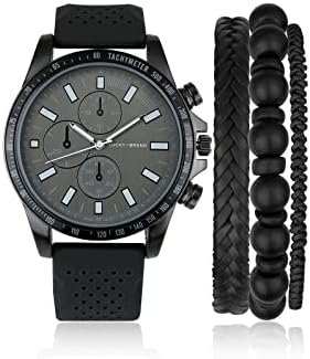 Lucky Brand Mens Watches Perforated Silicon Band Stainless Steel Japan Movement Sport Men's Wrist Watches Decorative Sub Dials Bracelet Gift Box Set