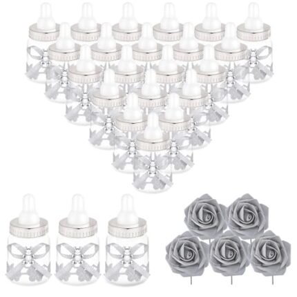 MACTING Baby Bottles for Baby Shower, 2 Dozen 3.5 Inch Candy Bottles with 5Pcs Artificial Roses for Gender Reveal Games Table Centerpieces Kids Birthday Decorations (Silver)