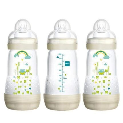 MAM Easy Start Anti-Colic Bottle, Baby Essentials, Medium Flow Bottles with Silicone Nipple, Unisex Baby Bottles, Designs May Vary, 9 oz (3-Count),