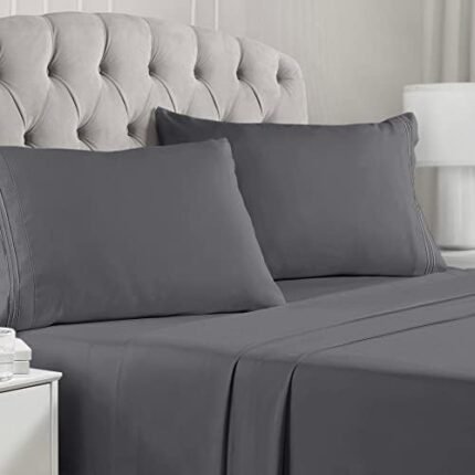 Mellanni Queen Sheets Set - 4 PC Iconic Collection Bedding Sheets & Pillowcases - Hotel Luxury, Extra Soft, Cooling Bed Sheets - Deep Pocket up to 16" - Wrinkle, Fade, Stain Resistant (Queen, Gray)