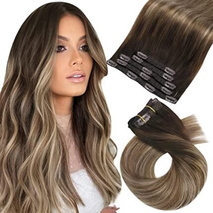 Moresoo Clip in Hair Extensions Balayage Hair Extensions Clip in Human Hair Ombre Dark Brown to Golden Brown with Dark Ash Blonde Clip in Human Hair Extensions 5Pcs/70G 10 Inch