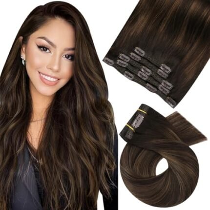 Moresoo Human Hair Clip in Extensions Ombre Brown Double Weft Hair Extensions Real Human Hair Clip ins Balayage Darkest Brown with Chesnut Brown Clip in Hair Extensions Full Head 5pcs 70G 10inch