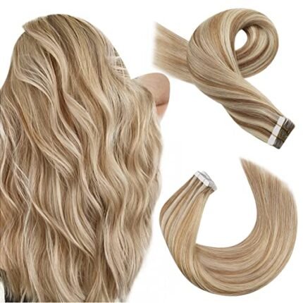 Moresoo Tape in Hair Extensions Human Hair Blonde Hair Extensions Tape in Real Hair Invisible Tape in Extensions Real Human Hair Blonde Highlighted Extensions Tape in Remy Hair 20inch #P6/60 20pcs 50g