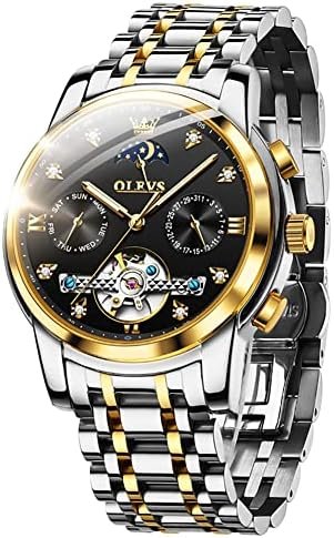 OLEVS Men Automatic Watch Skeleton Moon Phase Dial Luxury Dress Stainless Steel Strap 5 Hands Diamond Men Wrist Watches