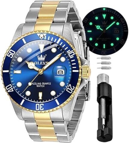 OLEVS Men Watches Quartz Watch Wrist Watch for Men Stainless Steel with Date Classic Bussiness Big Face Waterproof Luminous Green/Black/Blue