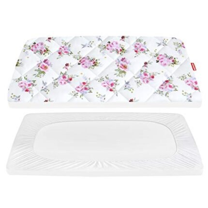 Pack n Play Fitted Sheet for Girls, Floral Pattern Pack and Play Quilted Sheets, Soft and Breathable Pack and Play Mattress Pad Cover 39"×27"×5" fit Graco Playards and Foldable Mattress Pad