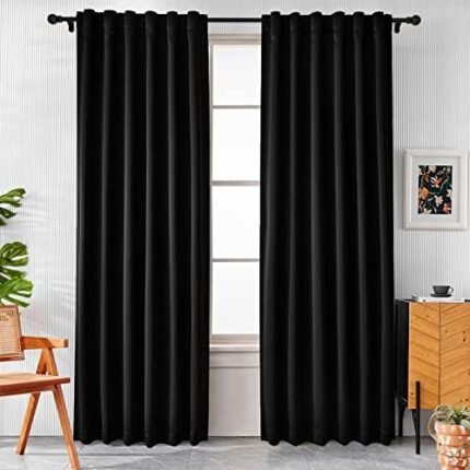 Pickluc Blackout Curtains 96 Inches Long 2 Panels, Black Out Drapes for Bedroom or Living Room, Back Tab and Rod Pocket Top, Set of Two, Black, 52" Wide and 96" Length.