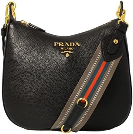 Prada Black Vitello Phenix Leather Web Stripe Strap Crossbody 1BC166