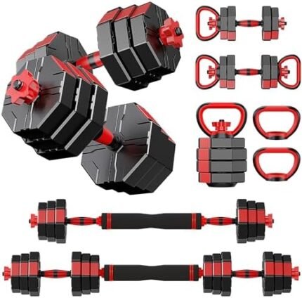 Prapark 4-in-1 Adjustable Dumbbell Set – Octagonal Anti-Roll Design, Non-Slip Grip, Versatile Weights with Barbell, Kettlebell, Push-Up Options – Home Gym Fitness Equipment for Men & Women