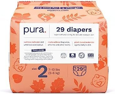 Pura Size 2 Eco-Friendly Diapers (7-13 lbs) TCF, Hypoallergenic, Soft Organic Cotton Comfort, Sustainable, Wetness Indictor. Allergy UK Certified, Paper Packaging. 1 Pack of 29